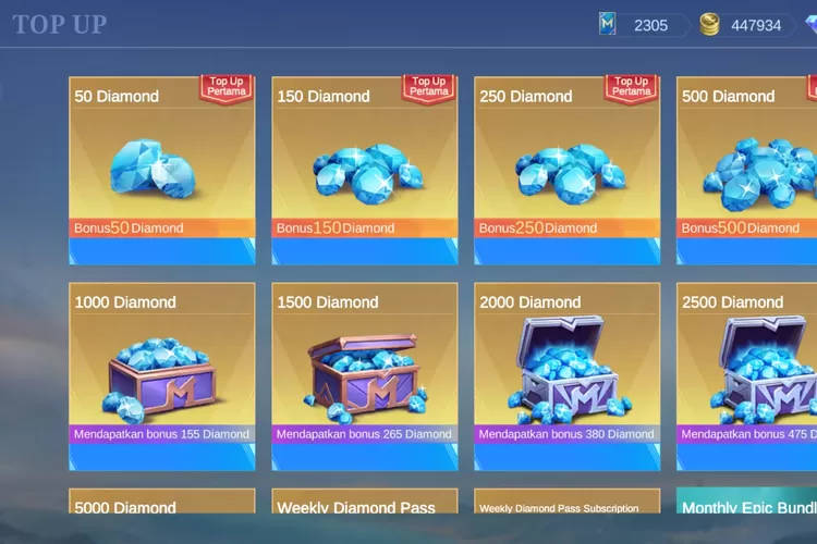 Promosi Bonus Ganda Diamond MLBB untuk pembelian pertama kali.