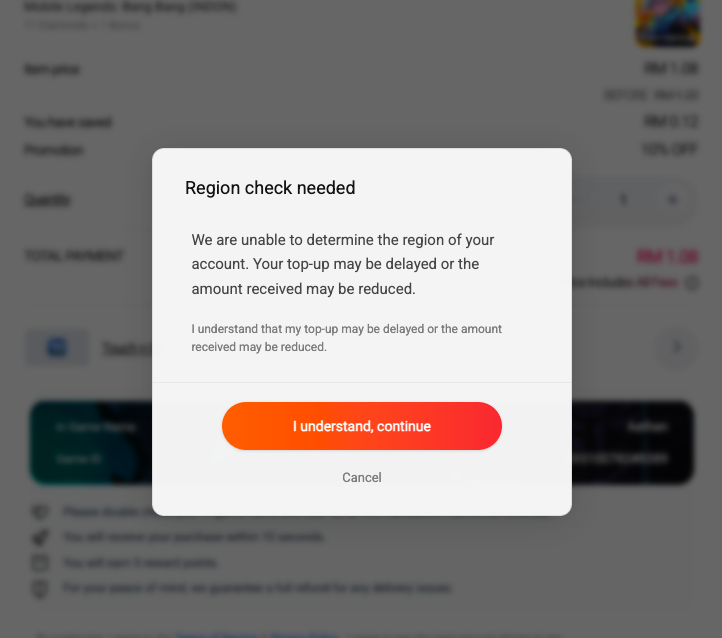 Region check needed confirmation shown at checkout